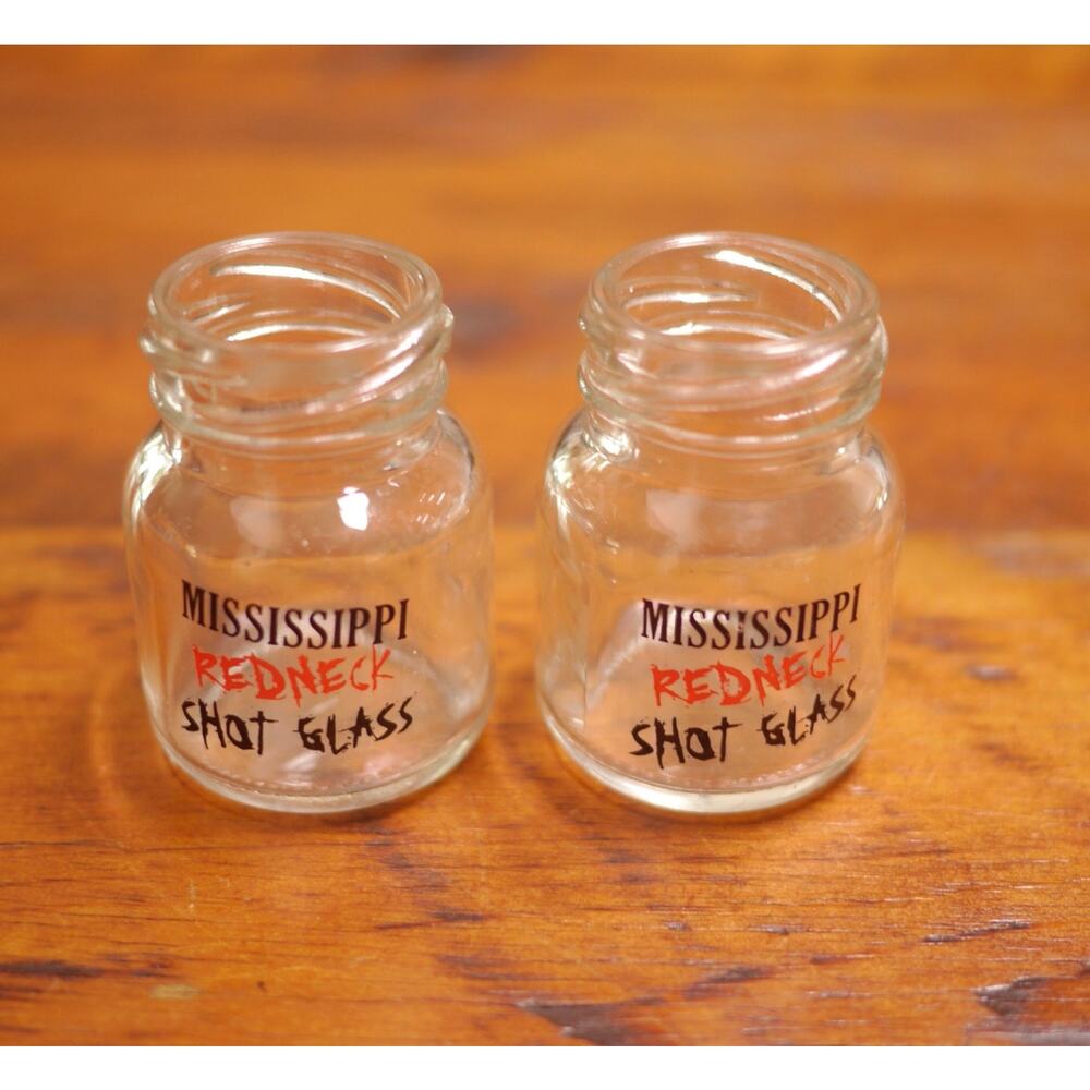 Pair of MISSISSIPPI REDNECK Small Mini Mason Jars Glass Shot Glasses